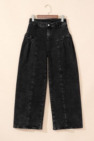 Dark Grey Pleated Wide Leg Mineral Wash Denim Pants - Image 5