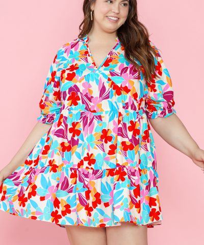Multicolour Floral Tiered V Neck Plus Dress