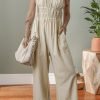 Beige Ruched High Waist Sleeveless Wide Leg Jumpsuit