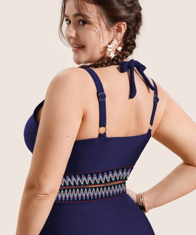 Navy Blue Embroidered Trim Wrap Tie Knot Plus Size High Waisted Bikini