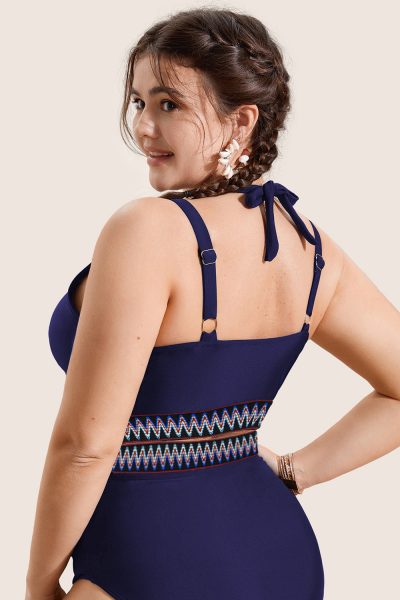 Navy Blue Embroidered Trim Wrap Tie Knot Plus Size High Waisted Bikini