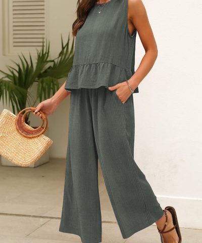 Duffel Green Solid Color Ribbed Ruffle Tank Top and Pants Set
