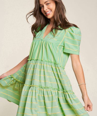 Green Stripe V Neck Short Sleeve Frilled Detail A-line Dress