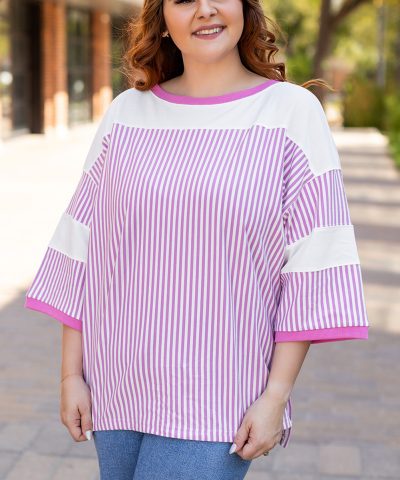 Pink Stripe Patchwork Bracelet Sleeve Plus Size T Shirt
