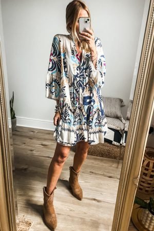 Alternative view of White Printed Tribal Bracelet Sleeve Buttoned Mini Dress