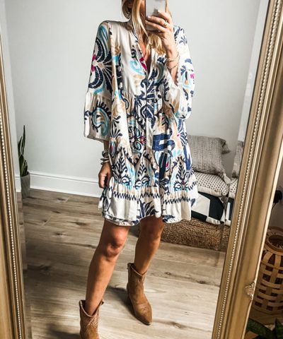 White Printed Tribal Bracelet Sleeve Buttoned Mini Dress