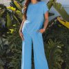 Blue Solid Corded Knit Short Sleeve T Shirt and Wide Leg Pants Set