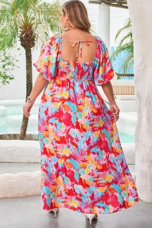 Rose Abstract Printed Puff Sleeve Square Neck Smocked Bust Tied Back Plus Size Dress - Image 2