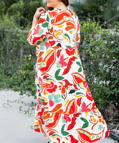 Orange Floral Print Drawstring V Neck Tiered Plus Size Dress
