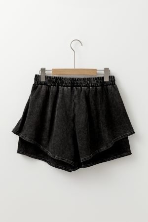 Black Mineral Wash French Terry Drawstring Elastic Waistband Casual Shorts - Image 7