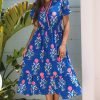 Sky Blue Floral Puff Short Sleeve V Neck High Waist Maxi Dress