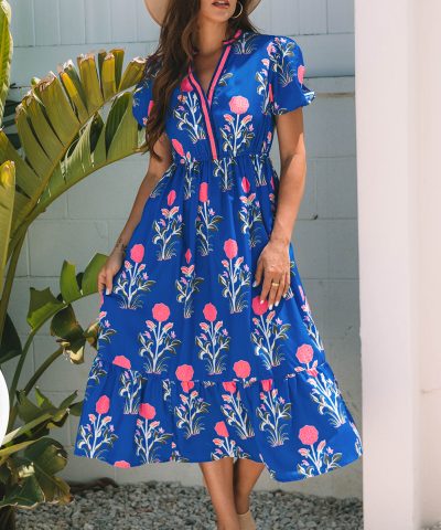 Sky Blue Floral Puff Short Sleeve V Neck High Waist Maxi Dress