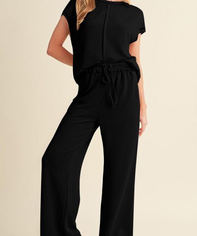Black Solid Color Corded Short Sleeve Top and Casual Pants Set
