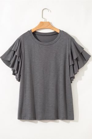 Dark Grey Double Ruffled Short Sleeve Plus Size Top - Image 3