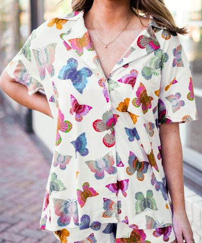 Multicolour Butterfly Pattern Short Sleeve Shirt Pajamas Set
