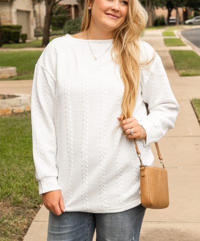 White Cable Textured Loose Plus Size Sweatshirt