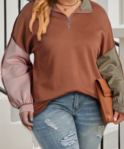 Gold Flame Plus Size Colorblock Exposed Seam Quarter Zip Sweatshirt