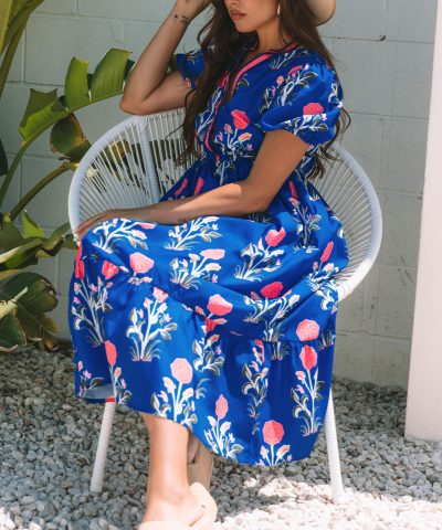 Sky Blue Floral Puff Short Sleeve V Neck High Waist Maxi Dress