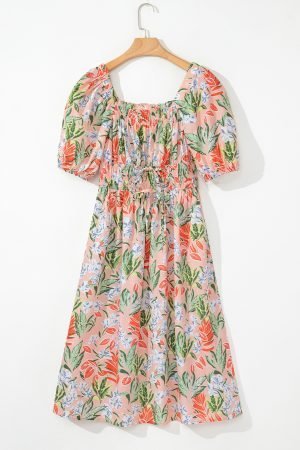 Apricot Pink Floral Smocked Bust Bubble Short Sleeve Maxi Dress - Image 7