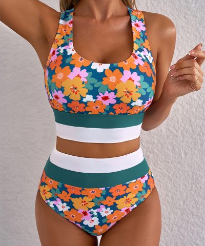 Green Floral Print Racerback Cutout High Waist 2pcs Bikini