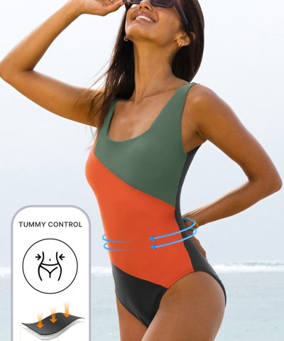 Duffel Green Color Block Padded Square Neck One Piece Swimsuit