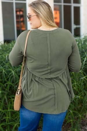 Mist Green Plus Size Thermal Knitted Babydoll Flare Top - Image 4