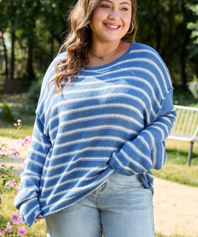 Sky Blue Stripe Drop Shoulder O Neck Plus Size Sweater