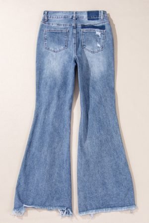Dusk Blue High Rise Ripped Distressed Hem Flared Jeans - Image 4