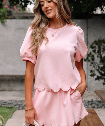 Light Pink Puff Sleeve Pearl Embellished Scallop Trim Top 2 Piece Skort Set