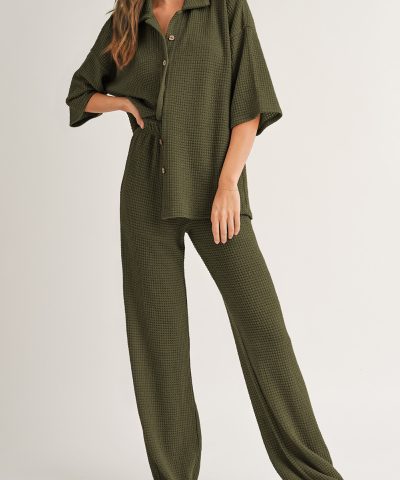 Four Leaf Clover Solid Color Textured Buttoned Shirt and Casual Pants Set