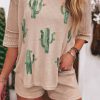 Light French Beige Cactus Forest Waffle Half Sleeve Tee Short Set