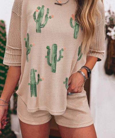 Light French Beige Cactus Forest Waffle Half Sleeve Tee Short Set