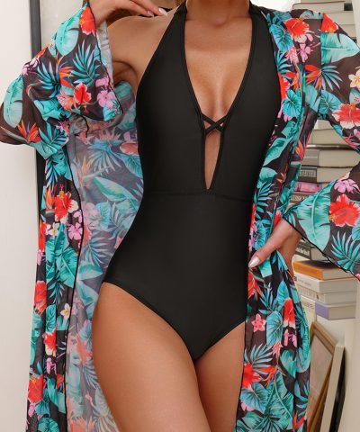 Black Halter Neck Monokini with Floral Beach Cover Up