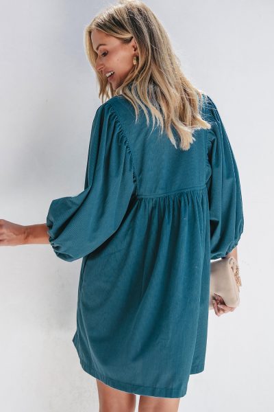 Blue Corduroy Snap Buttons Empire Waist Bracelet Sleeve Dress