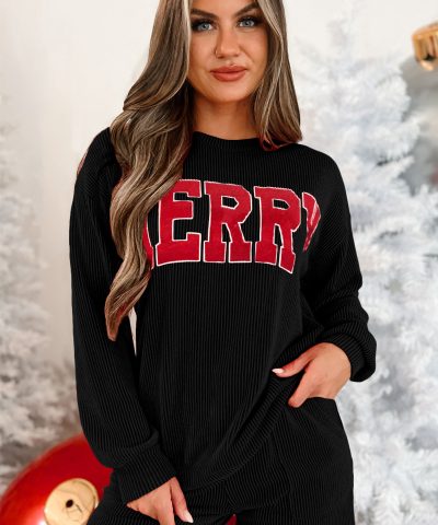 Black Corded MERRY Graphic Long Sleeve Top and Shorts Set