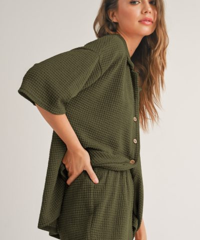 Four Leaf Clover Solid Color Textured Buttoned Shirt and Casual Pants Set