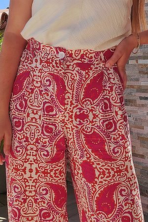 Red Paisley Printed Buttoned High Waist Straight Leg Pants - Image 2