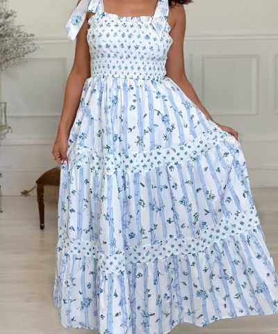Sky Blue Floral Smocked Tied Straps A-Lined Tiered Maxi Dress