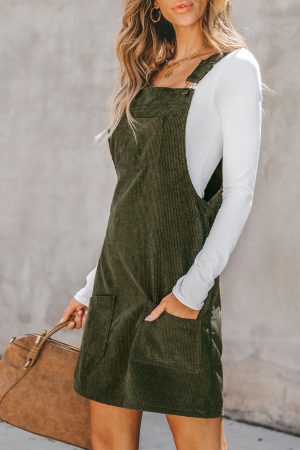 Vineyard Green Solid Front Pockets Sleeveless Corduroy Overall Dress - Image 5