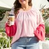 Pink Contrast Floral Patchwork Long Sleeve Plus Size Blouse