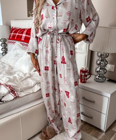 Light Grey Christmas Printed Shirt and Pants Pajama Set