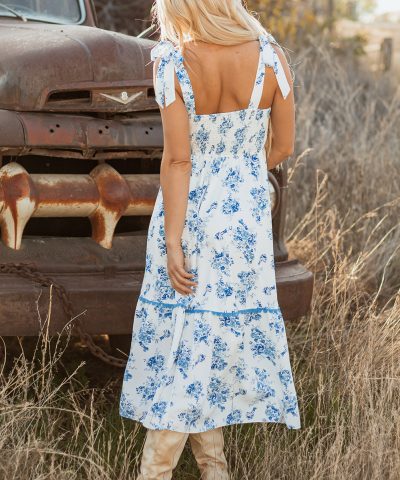 Sky Blue Floral Print Shirred Knot Shoulder Sleeveless Long Dress
