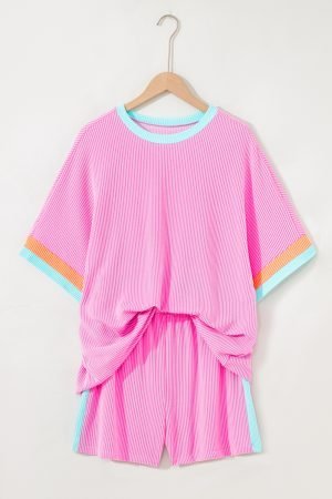 Bonbon Plus Size Color Block Corded Knit Tee and Shorts Set - Image 4