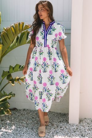 White Floral Puff Short Sleeve V Neck High Waist Maxi Dress - Image 3