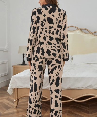 Khaki Cheetah Contrast Trim Loose Fit Two Piece Sleepwear