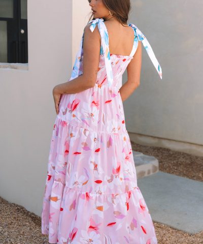 Pink Floral Print Knotted Shoulder Smocked Maxi Dress