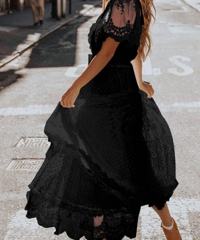 Black Dotty Lace Mesh Flowy Maxi Dress