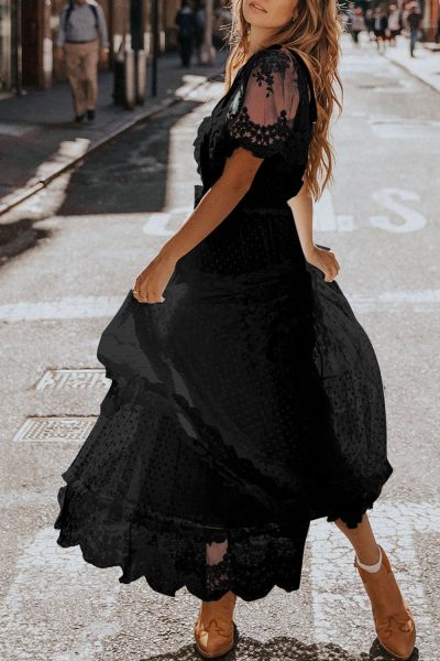 Black Dotty Lace Mesh Flowy Maxi Dress