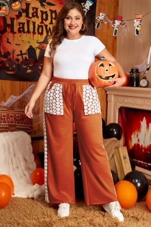 Gold Flame Plus Size Floral Crochet Patch Drawstring Wide Leg Pants - Image 2