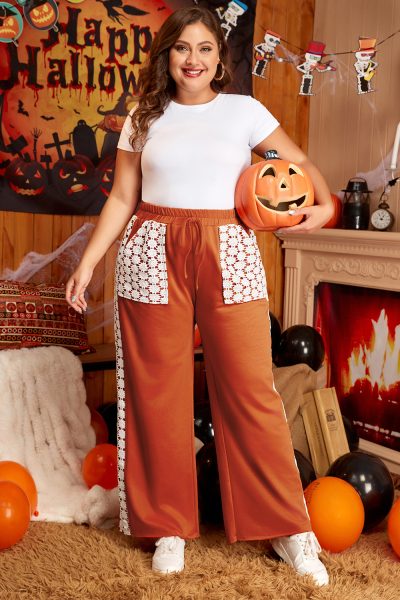 Gold Flame Plus Size Floral Crochet Patch Drawstring Wide Leg Pants
